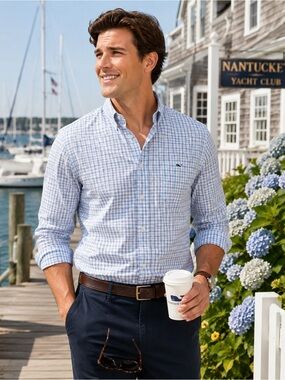 Vineyard Vines Tucker Shirt Small Slim Fit Blue Check Button Down Cotton Stretch